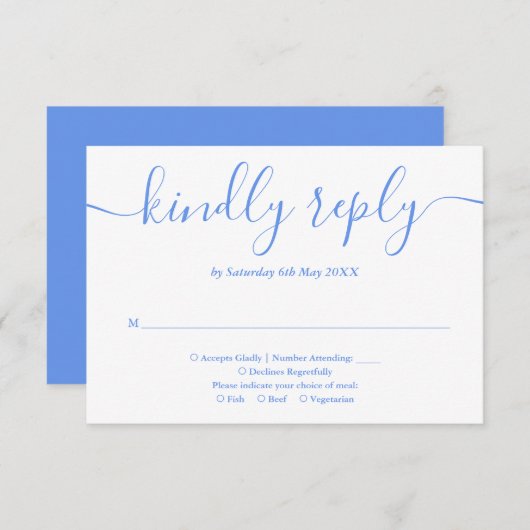 Elegante moderne korenbloem blauw script RSVP kaartje (Voorkant / Achterkant)