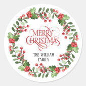 Elegante moderne krans en script Vrolijk kerstfees Ronde Sticker (Voorkant)