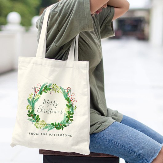 Elegante moderne krans familienaam Prettig Kerstfe Tote Bag