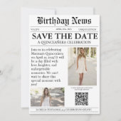 Elegante moderne krant Quinceañera qr code Save The Date (Voorkant)