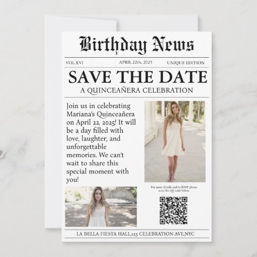 Elegante moderne krant Quinceañera qr code Save The Date (Voorkant)