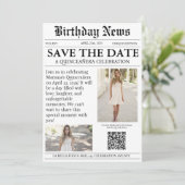 Elegante moderne krant Quinceañera qr code Save The Date (Staand voorkant)