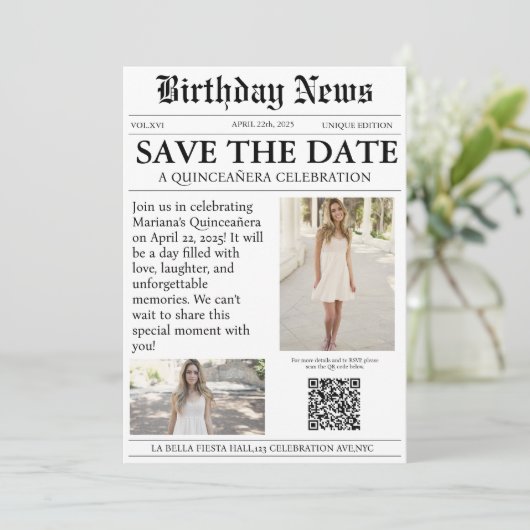 Elegante moderne krant Quinceañera qr code Save The Date (Staand voorkant)