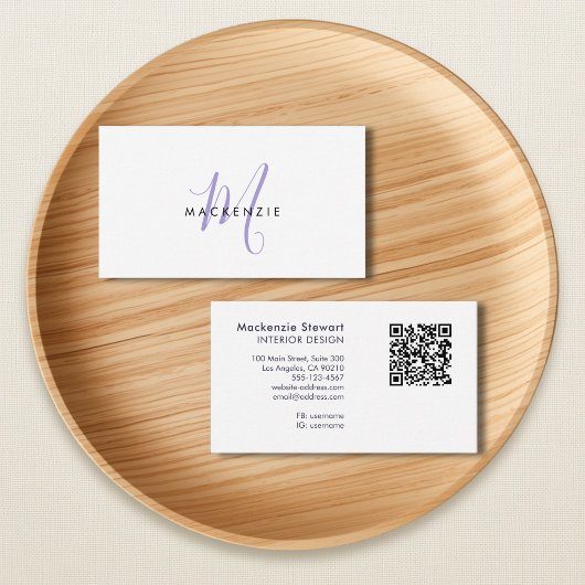 Elegante moderne lavendel script monogram QR-code Visitekaartje