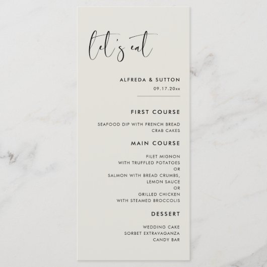 Elegante moderne Light Sage groen Let's eat bruilo Menu (Voorkant)