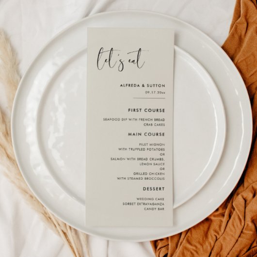 Elegante moderne Light Sage groen Let's eat bruilo Menu