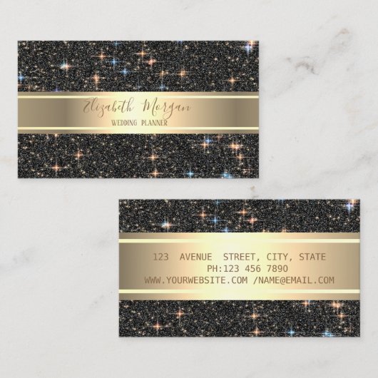 Elegante Moderne Luxe Zwart Glitter, Gouden Streep Visitekaartje (Voorkant / Achterkant)