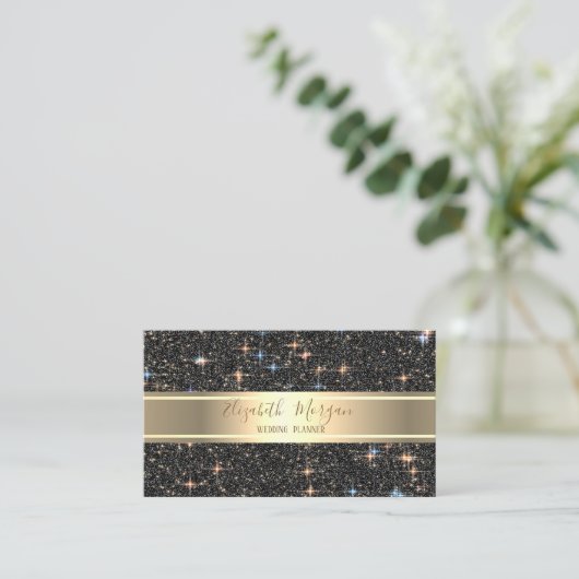 Elegante Moderne Luxe Zwart Glitter, Gouden Streep Visitekaartje (Staand voorkant)