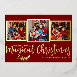 Elegante moderne magische kerstfamilie 3 foto folie feestdagenkaart