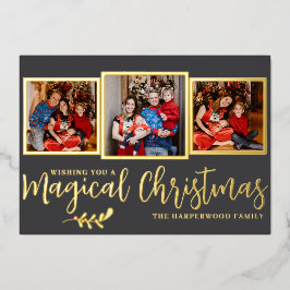Elegante moderne magische kerstfamilie 3 foto folie feestdagenkaart