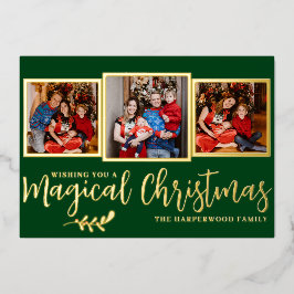 Elegante moderne magische kerstfamilie 3 foto folie feestdagenkaart