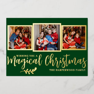 Elegante moderne magische kerstfamilie 3 foto folie feestdagenkaart