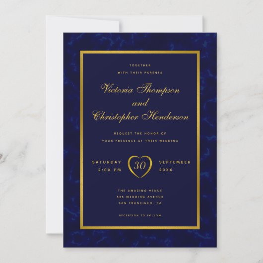 Elegante moderne marine blauw en gouden script bru kaart (Voorkant)
