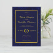 Elegante moderne marine blauw en gouden script bru kaart (Staand voorkant)