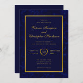 Elegante moderne marine blauw en gouden script bru kaart (Voorkant / Achterkant)