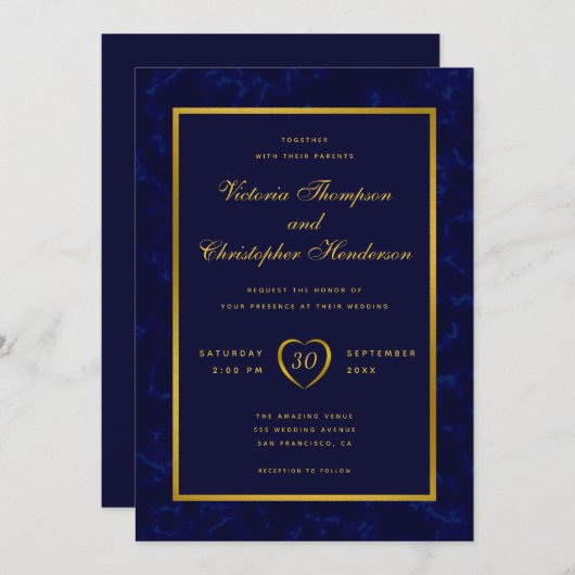 Elegante moderne marine blauw en gouden script bru kaart (Voorkant / Achterkant)