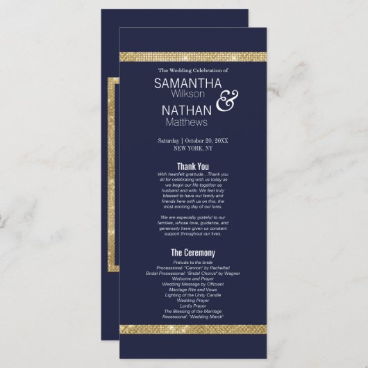 Elegante moderne marine blauw goud bruiloft progra programmakaart (Voorkant / Achterkant)