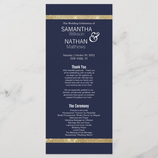 Elegante moderne marine blauw goud bruiloft progra programmakaart (Voorkant)