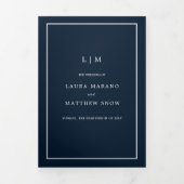 Elegante Moderne Marine Blauw Monogram Eenvoudige  Drieluik Uitnodiging (Cover)