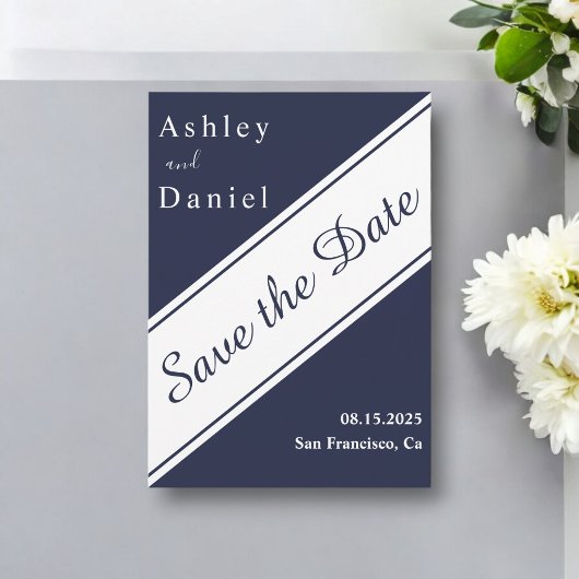 Elegante moderne marine blauw wit delicate bruilof save the date