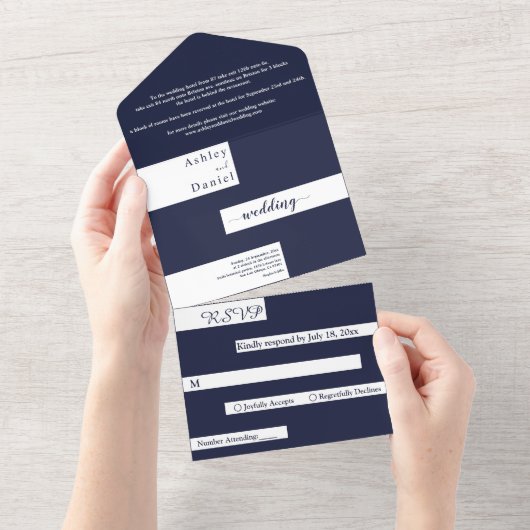 Elegante moderne marine blauw wit stijlvolle bruil all in one uitnodiging (Afscheurbaar)