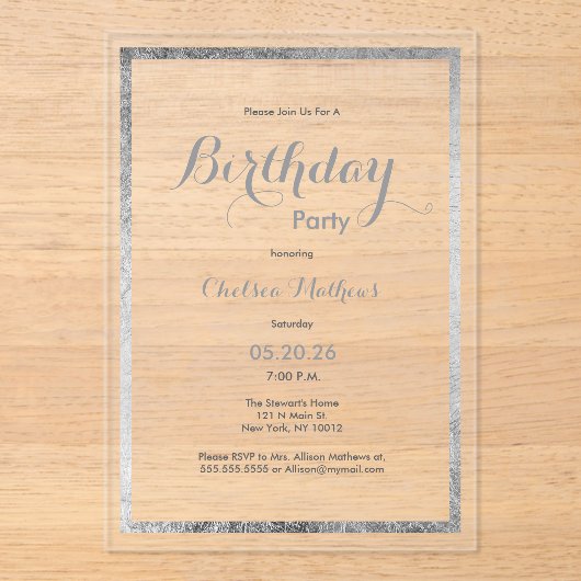 Elegante moderne marine blauw zilver Verjaardag Acryl Uitnodigingen (Voorkant)