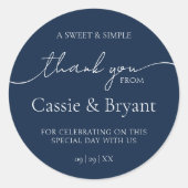 Elegante moderne marine blauwe bruiloft dank u ronde sticker (Voorkant)