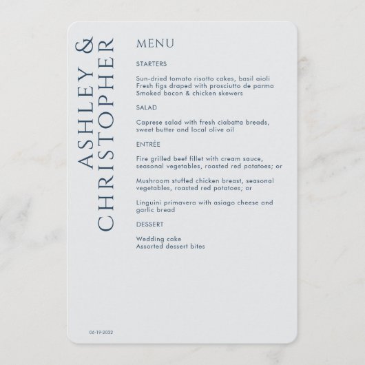 Elegante moderne marine blauwe bruiloft menu (Voorkant)