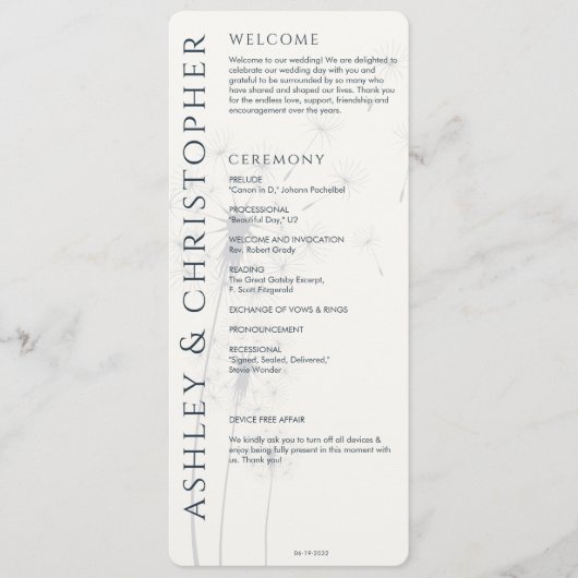 Elegante moderne marine blauwe bruiloft programmakaart (Voorkant)