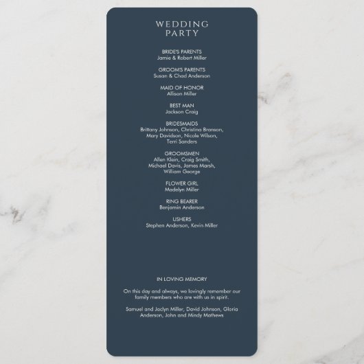 Elegante moderne marine blauwe bruiloft programmakaart (Achterkant)