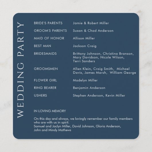 Elegante moderne marine blauwe bruiloft programmakaart (Achterkant)