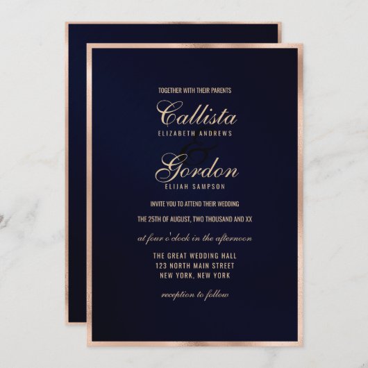 Elegante moderne marine goud metallic border bruil kaart (Voorkant / Achterkant)