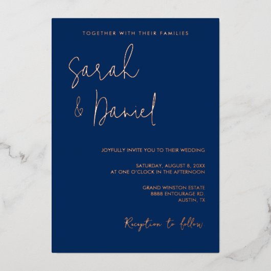 Elegante moderne marine roze minimalistische bruil folie feestdagenkaart (Voorkant)