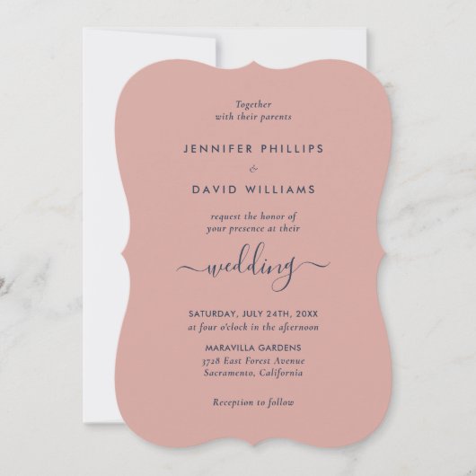 Elegante moderne marineblauwe en roze trouwdag kaart (Voorkant)