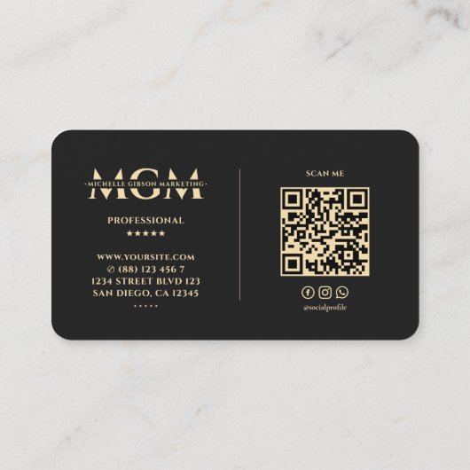 Elegante Moderne Marketing Zwart Faux Goud Monogra Visitekaartje (Achterkant)