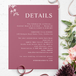 Elegante, moderne, minimale Bourgondische bruiloft Informatiekaartje