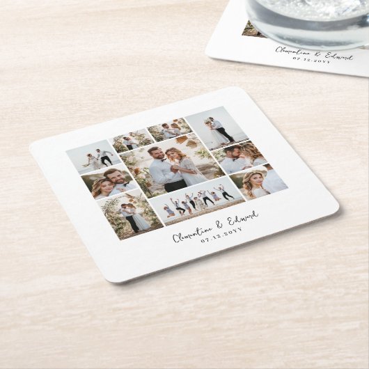 Elegante moderne minimale fotocollage bruiloft kartonnen onderzetters (Schuin)