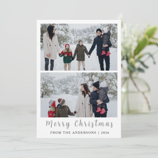Elegante moderne minimale kerstfamilie 2 foto Ho Feestdagenkaart (Staand voorkant)