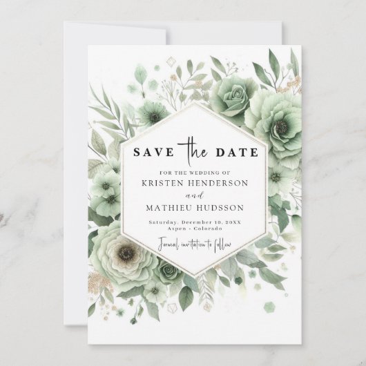 Elegante moderne minimale salie groene bruiloft save the date (Voorkant)