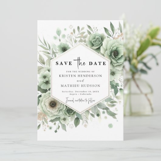 Elegante moderne minimale salie groene bruiloft save the date (Staand voorkant)