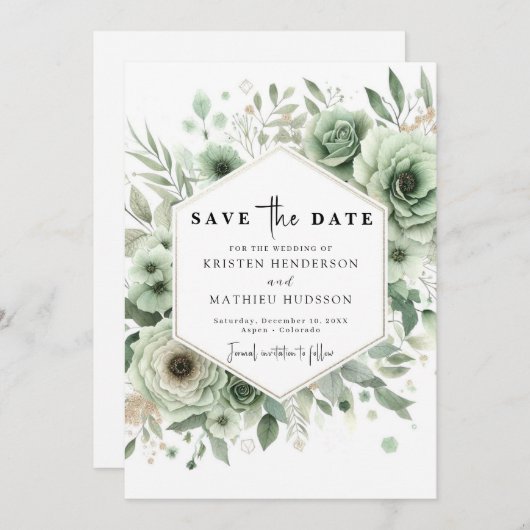 Elegante moderne minimale salie groene bruiloft save the date (Voorkant / Achterkant)