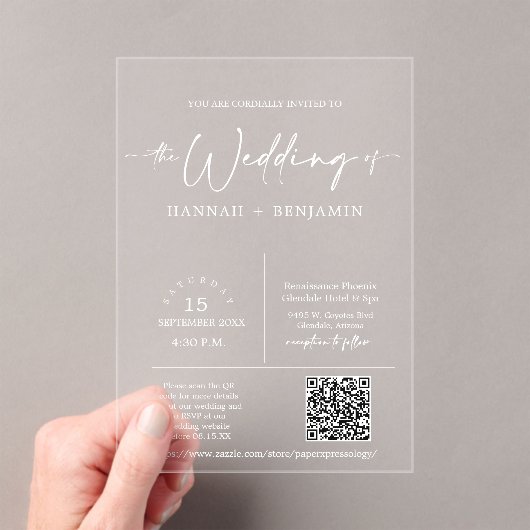 Elegante moderne minimale script bruiloft boog QR- Acryl Uitnodigingen (Insitu (Draagbaar))