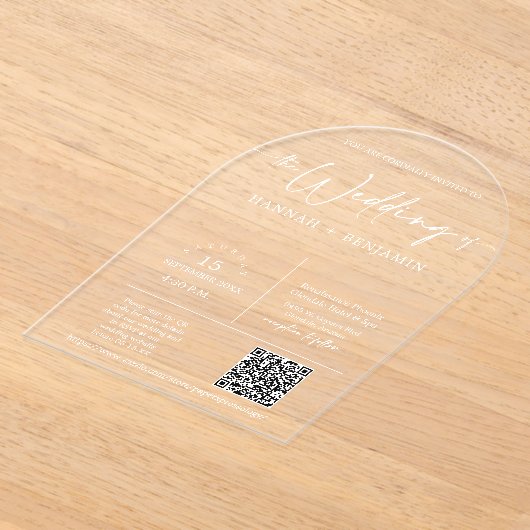 Elegante moderne minimale script bruiloft boog QR- Acryl Uitnodigingen (Laagn)