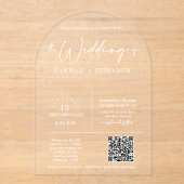 Elegante moderne minimale script bruiloft boog QR- Acryl Uitnodigingen (Voorkant)