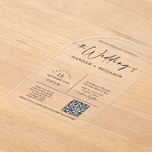 Elegante moderne minimale script bruiloft boog QR- Acryl Uitnodigingen (Laagn)