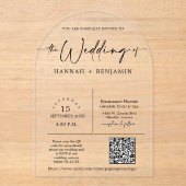 Elegante moderne minimale script bruiloft boog QR- Acryl Uitnodigingen (Voorkant)