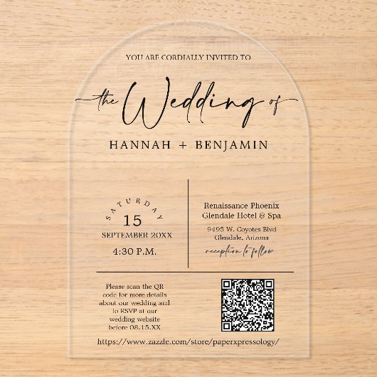Elegante moderne minimale script bruiloft boog QR- Acryl Uitnodigingen (Voorkant)