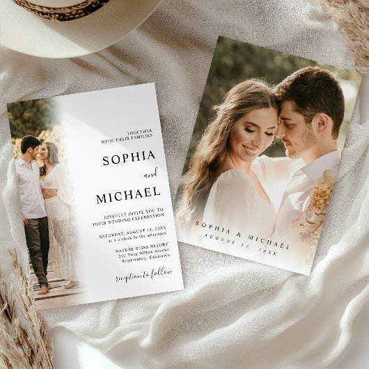 Elegante moderne minimalistische 2 foto bruiloft kaart