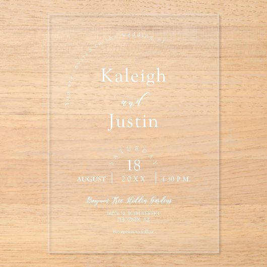 Elegante moderne minimalistische Boho Arch bruilof Acryl Uitnodigingen (Voorkant)