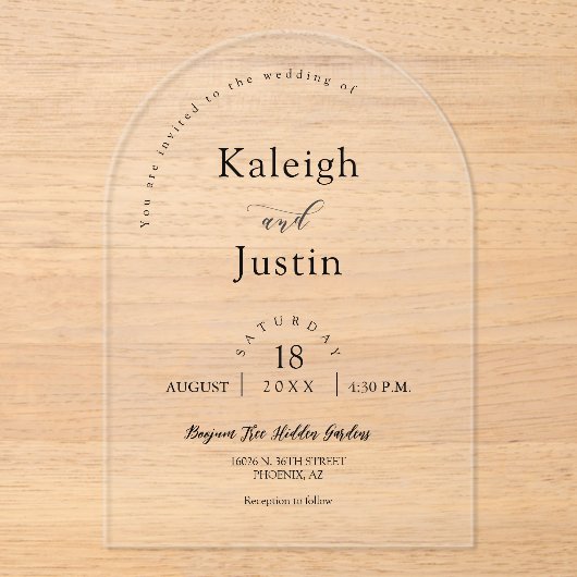 Elegante moderne minimalistische Boho Arch bruilof Acryl Uitnodigingen (Voorkant)